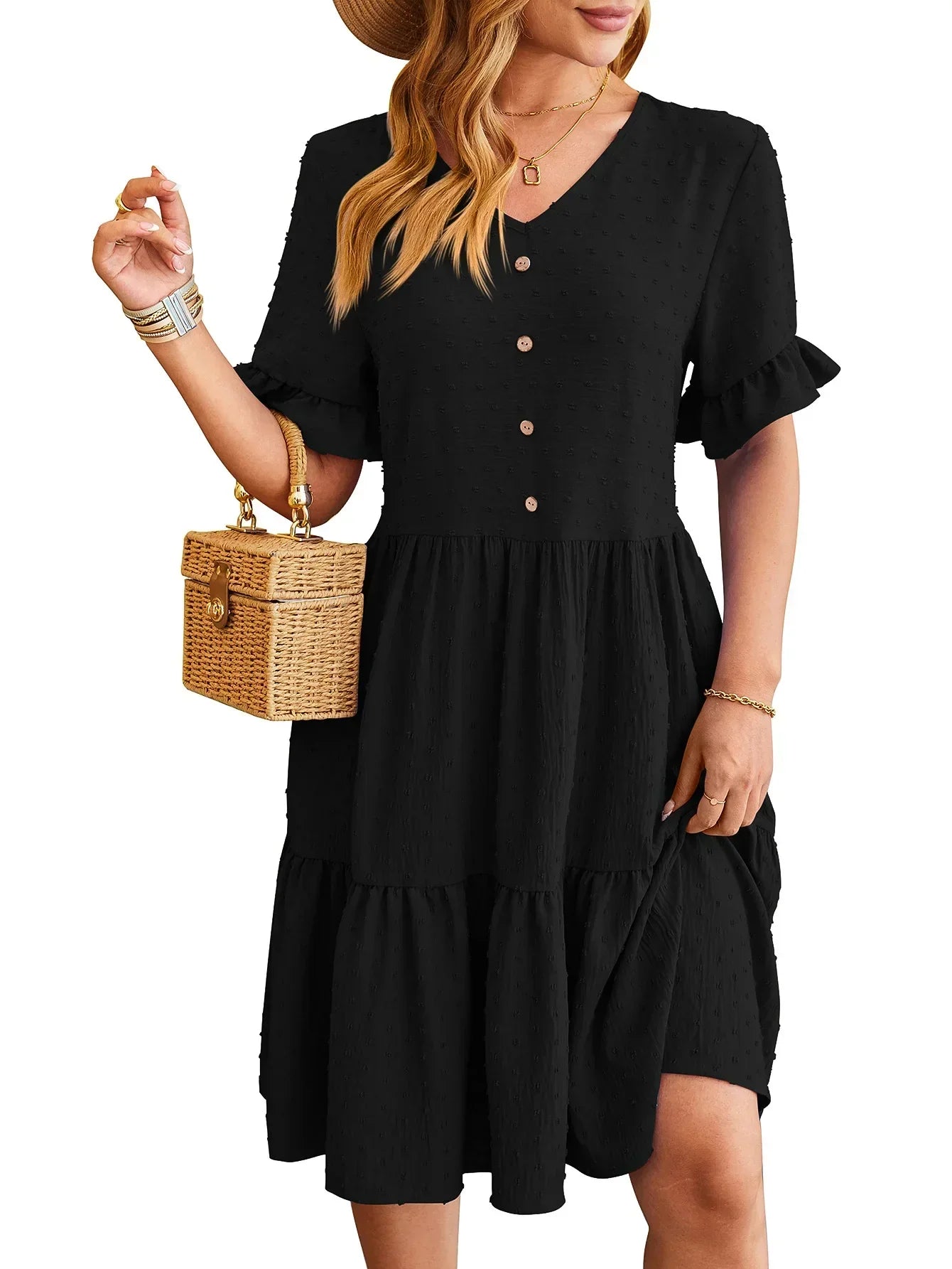 Swiss Dot V-Neck Button Front Ruffle Sleeve Tiered Babydoll Mini Dress