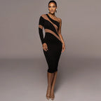 One Shoulder Mesh Panel Insert Long Sleeve Bodycon Midi Dress