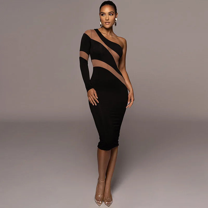 One Shoulder Mesh Panel Insert Long Sleeve Bodycon Midi Dress