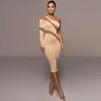 One Shoulder Mesh Panel Cutout Bodycon Midi Dress