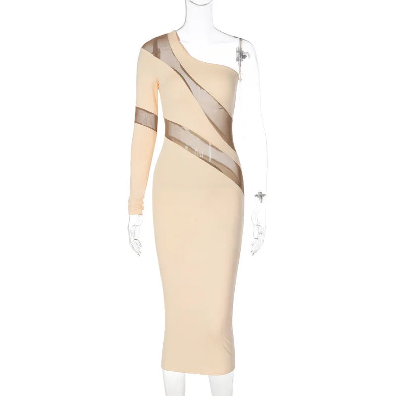 One Shoulder Mesh Panel Cutout Bodycon Midi Dress