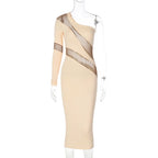 One Shoulder Mesh Panel Cutout Bodycon Midi Dress