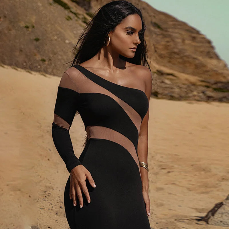 One Shoulder Mesh Panel Insert Long Sleeve Bodycon Midi Dress