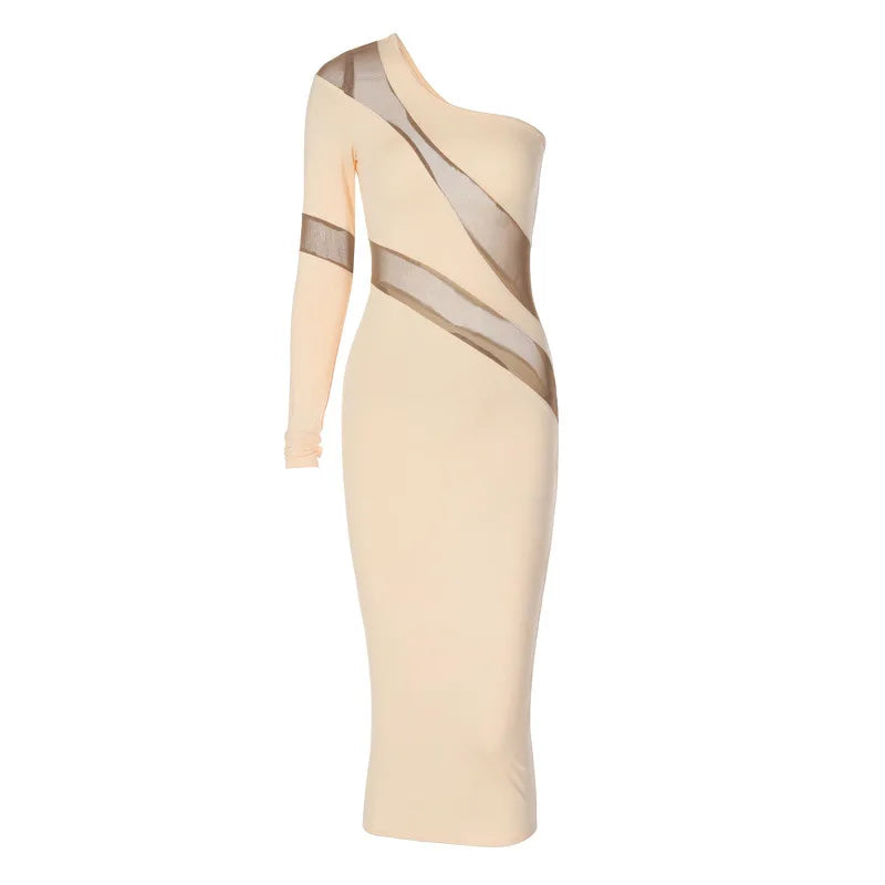 One Shoulder Mesh Panel Cutout Bodycon Midi Dress