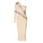 One Shoulder Mesh Panel Cutout Bodycon Midi Dress