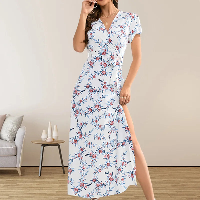 Floral Print Wrap Flutter Sleeve Tie Waist High Slit Maxi Dress