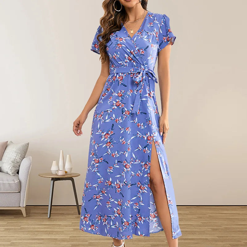 Floral Print Wrap Flutter Sleeve Tie Waist High Slit Maxi Dress
