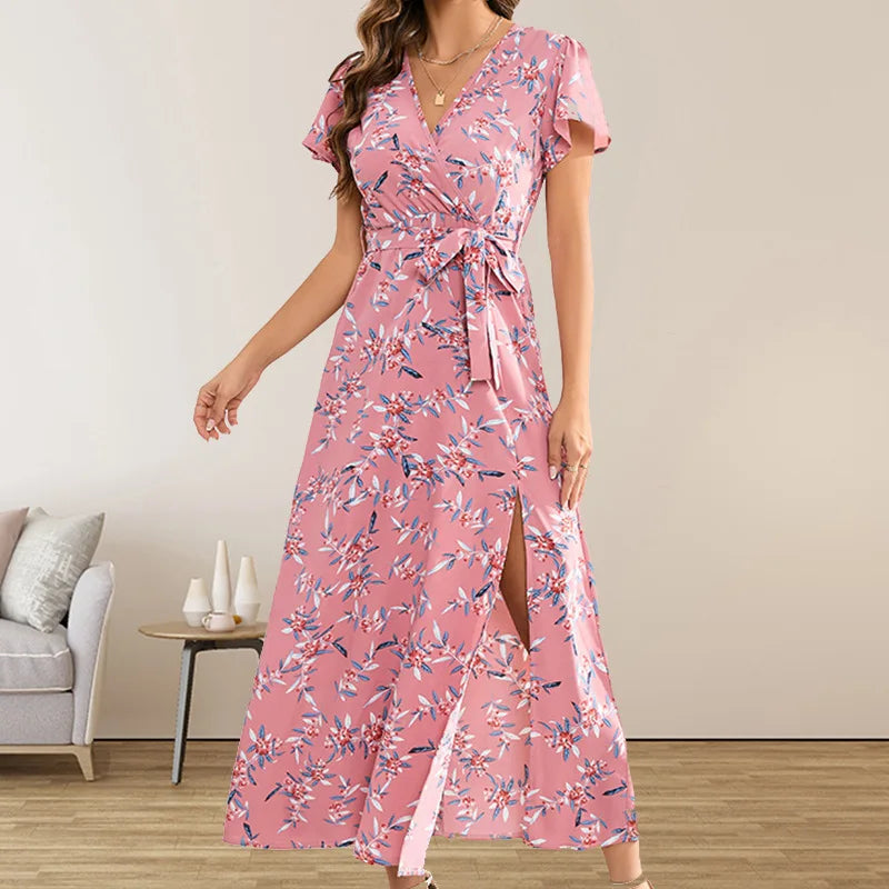 Floral Print Wrap Flutter Sleeve Tie Waist High Slit Maxi Dress