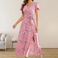 Floral Print Wrap Flutter Sleeve Tie Waist High Slit Maxi Dress