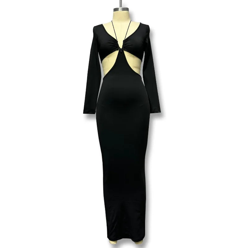 Deep V-Neck Tie Front Long Sleeve Side Cut Out Bodycon Midi Dress