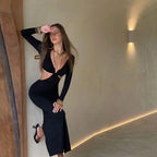 Deep V-Neck Tie Front Long Sleeve Side Cut Out Bodycon Midi Dress