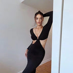 Deep V-Neck Tie Front Long Sleeve Side Cut Out Bodycon Midi Dress