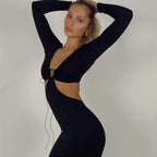 Deep V-Neck Tie Front Long Sleeve Side Cut Out Bodycon Midi Dress