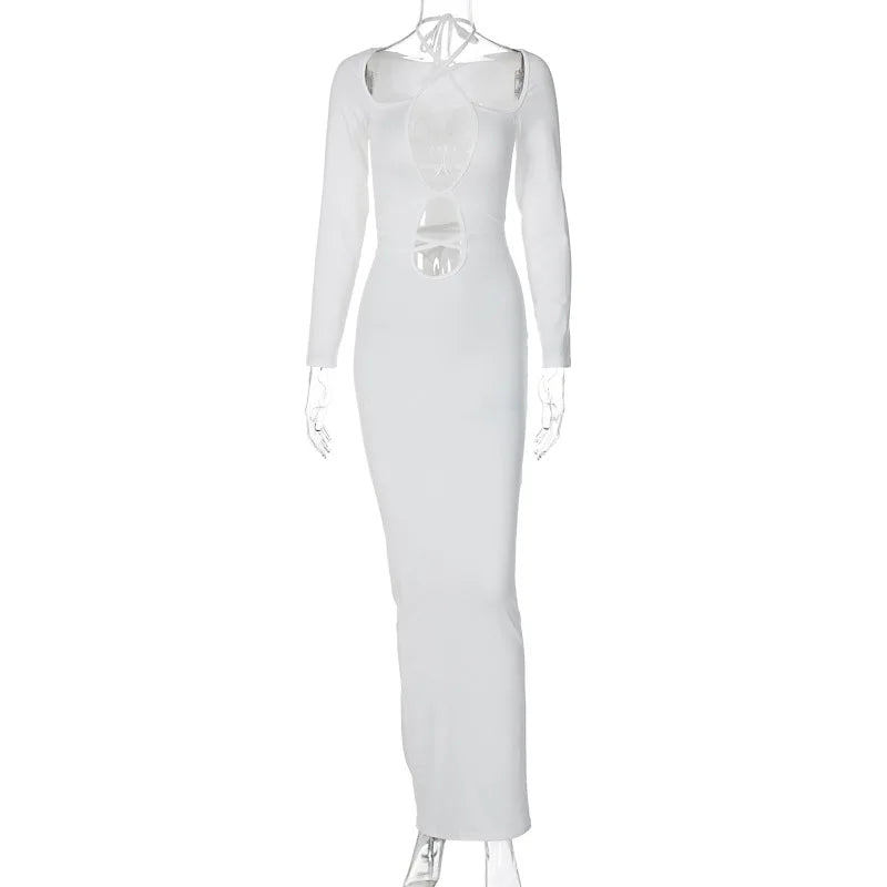 Lace Up Halter Keyhole Cut Out Long Sleeve Bodycon Maxi Dress