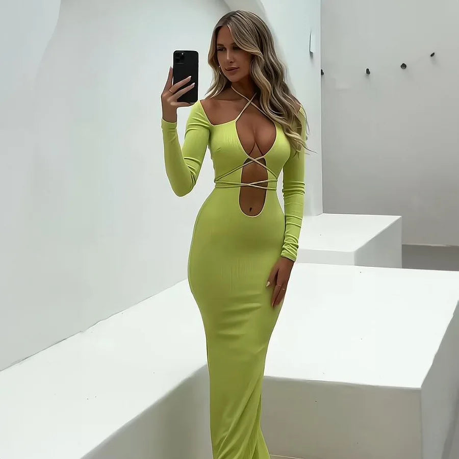 Lace Up Halter Keyhole Cut Out Long Sleeve Bodycon Maxi Dress