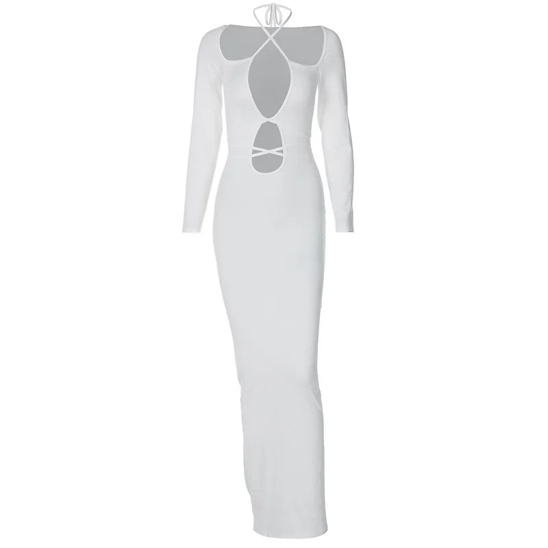 Lace Up Halter Keyhole Cut Out Long Sleeve Bodycon Maxi Dress
