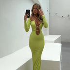 Lace Up Halter Keyhole Cut Out Long Sleeve Bodycon Maxi Dress