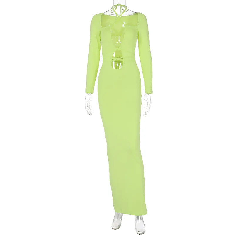 Lace Up Halter Keyhole Cut Out Long Sleeve Bodycon Maxi Dress