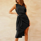 One Shoulder Front Knot Tie Waist Asymmetric Wrap Hem Midi Dress