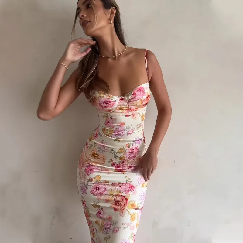 Floral Print Satin Spaghetti Strap Slip Midi Dress