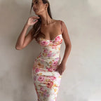 Floral Print Satin Spaghetti Strap Slip Midi Dress