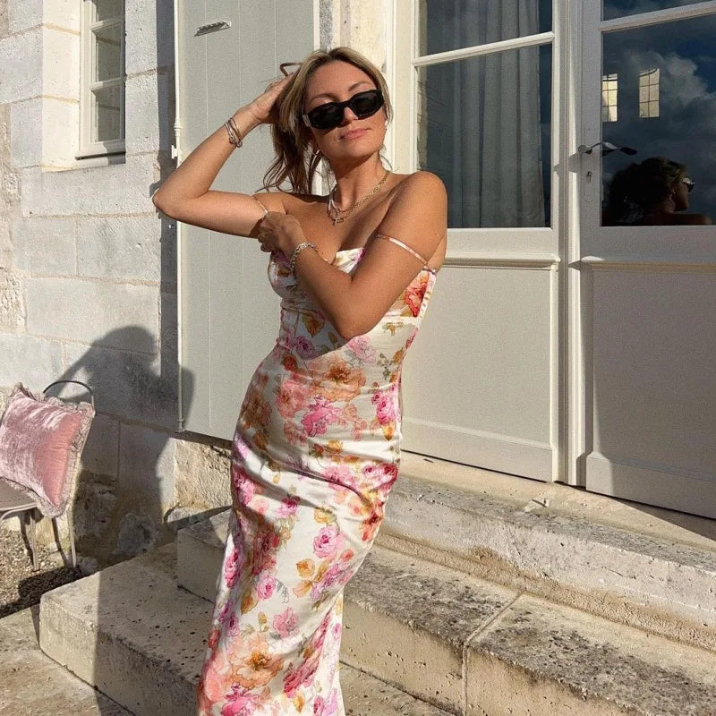 Floral Print Satin Spaghetti Strap Slip Midi Dress