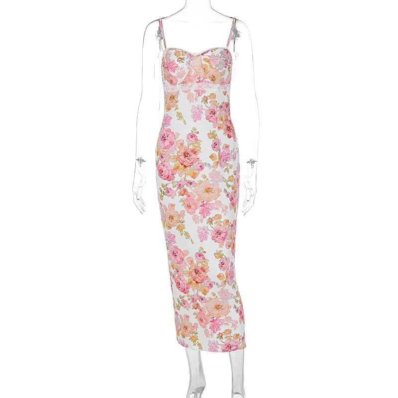 Floral Print Satin Spaghetti Strap Slip Midi Dress