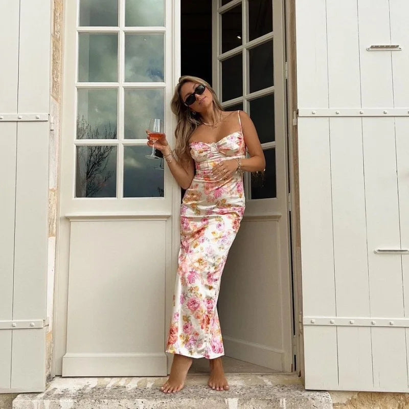 Floral Print Satin Spaghetti Strap Slip Midi Dress