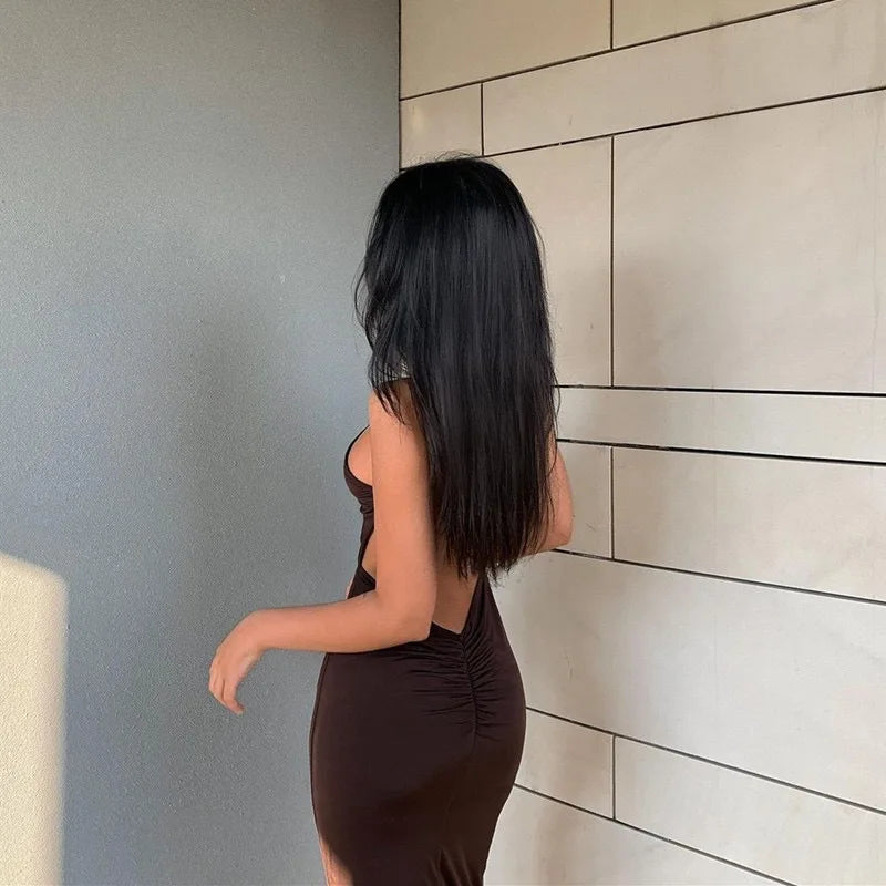 Satin Spaghetti Strap Deep V Back Ruched Bodycon Maxi Dress