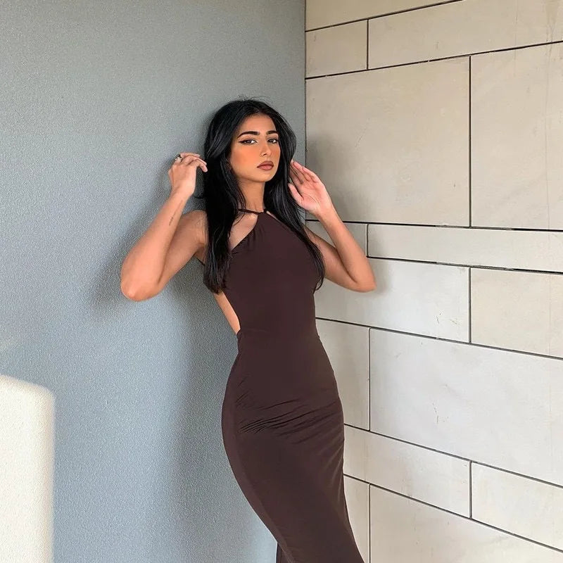 Satin Spaghetti Strap Deep V Back Ruched Bodycon Maxi Dress