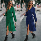 Collared V-Neck Wrap Tie Long Sleeve Midi Dress