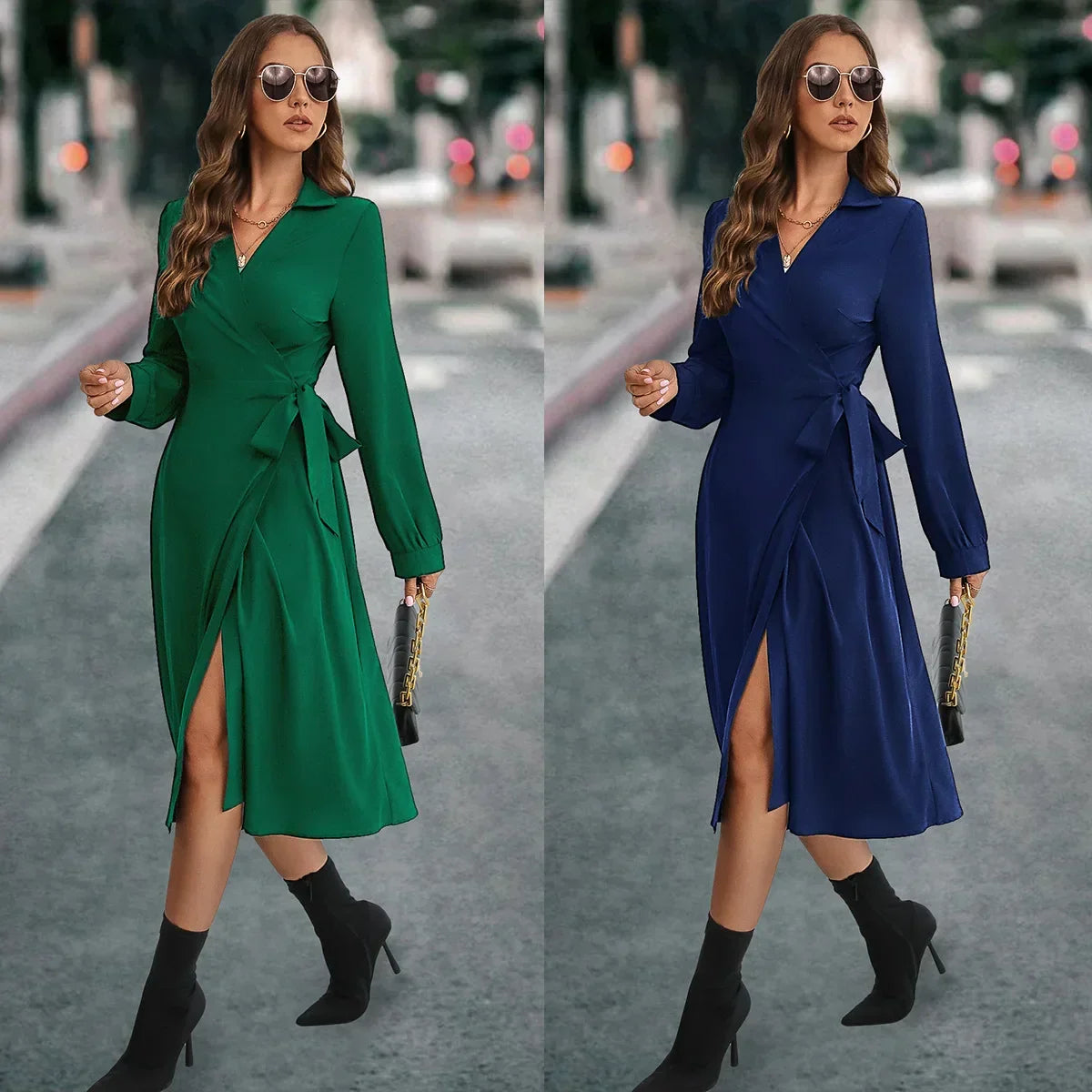 Collared V-Neck Wrap Tie Long Sleeve Midi Dress