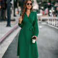Collared V-Neck Wrap Tie Long Sleeve Midi Dress