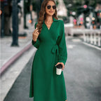 Collared V-Neck Wrap Tie Long Sleeve Midi Dress