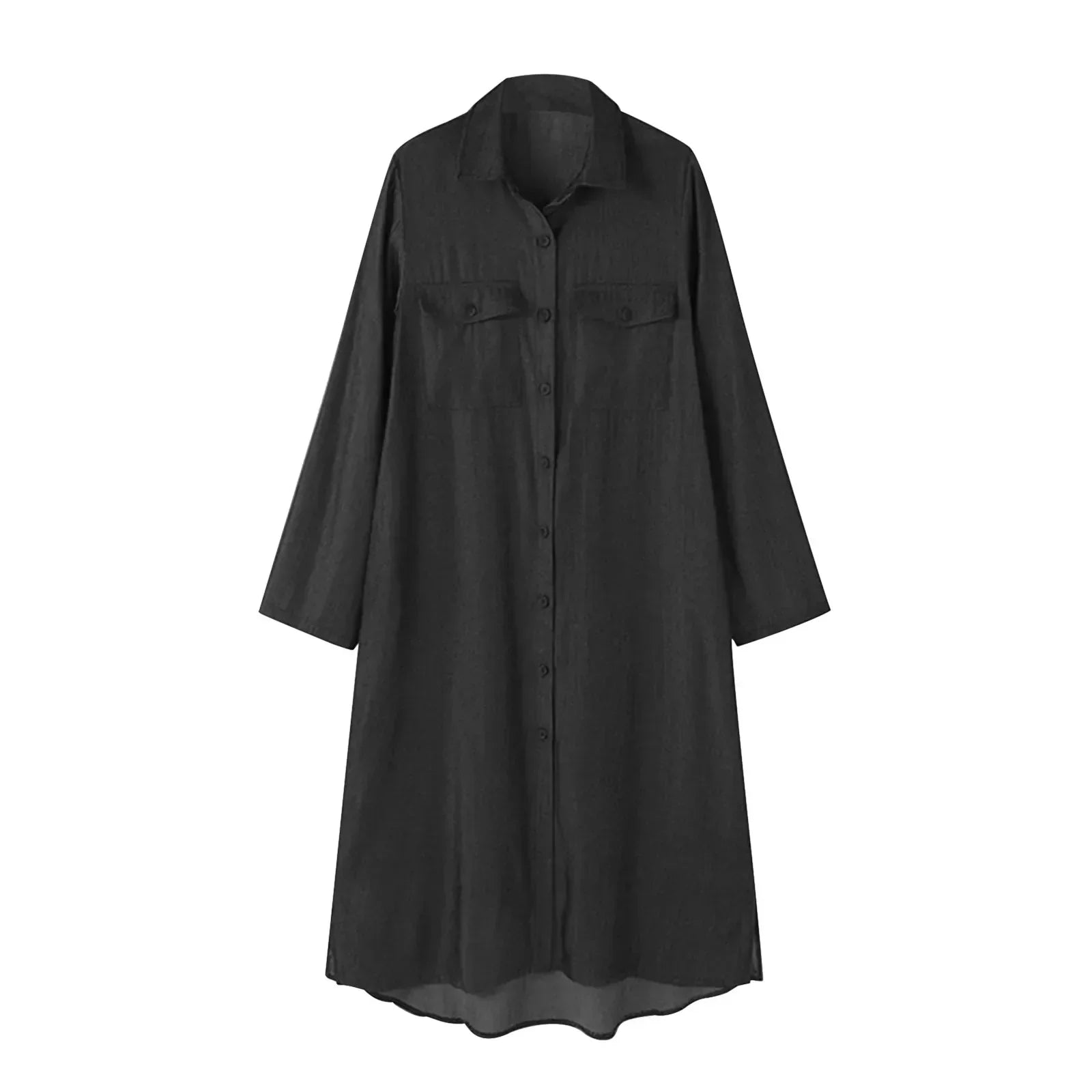Long Sleeve Button Front Chest Pocket Denim Maxi Shirt Dress
