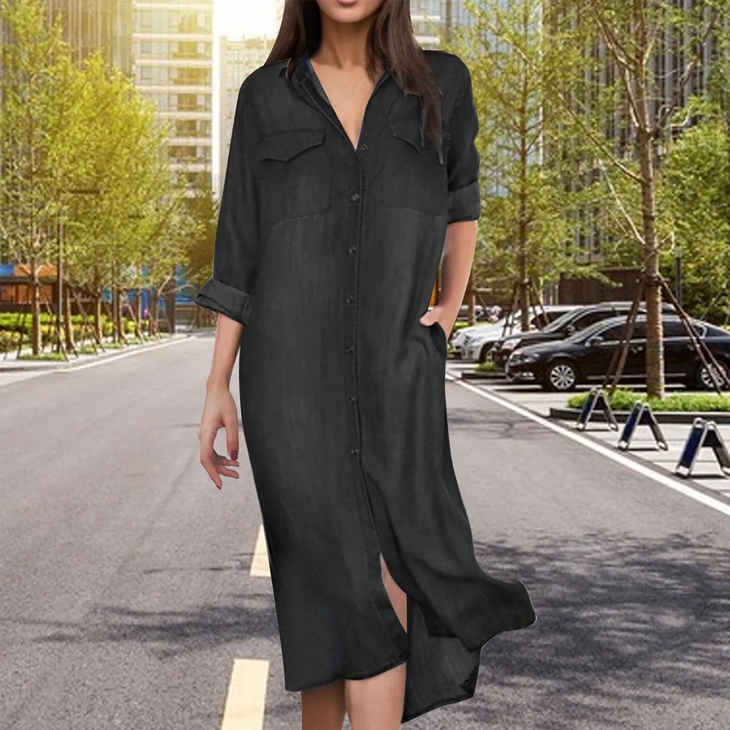 Long Sleeve Button Front Chest Pocket Denim Maxi Shirt Dress