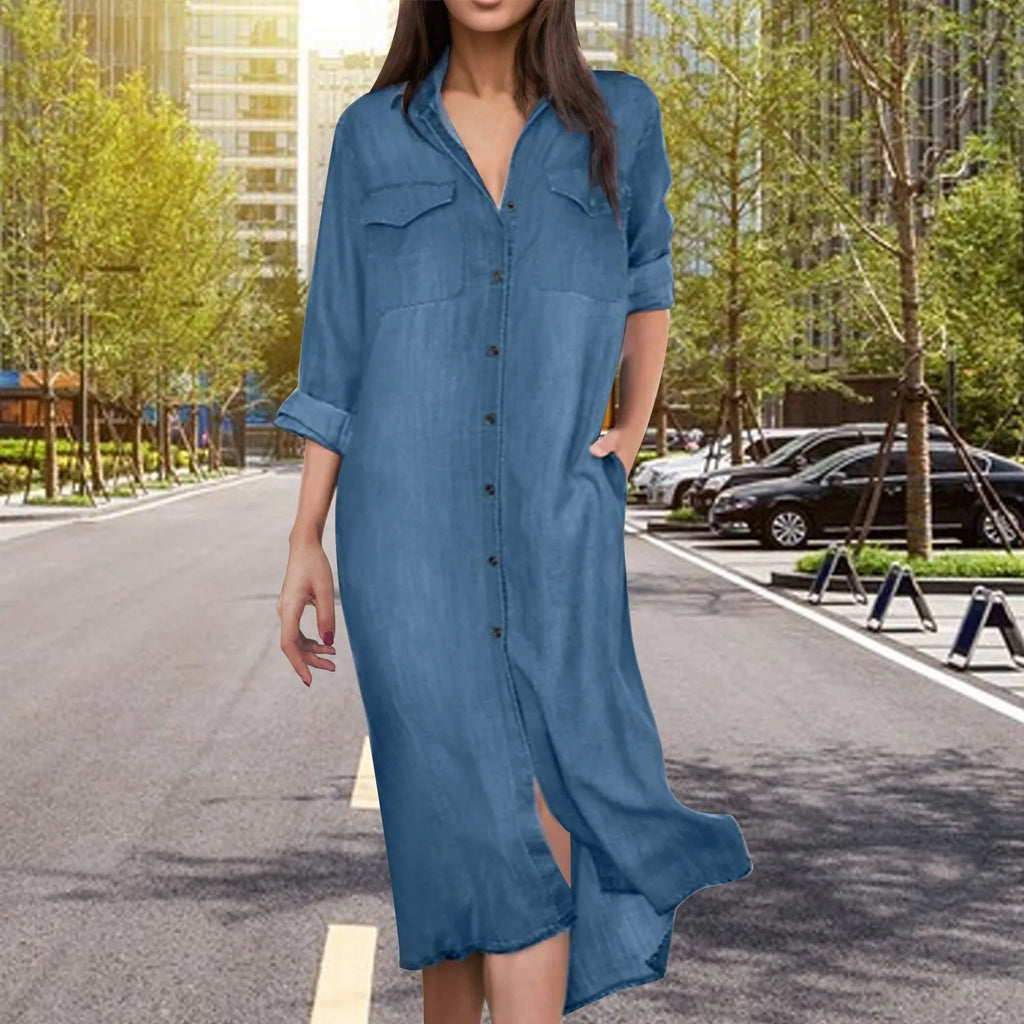 Long Sleeve Button Front Chest Pocket Denim Maxi Shirt Dress
