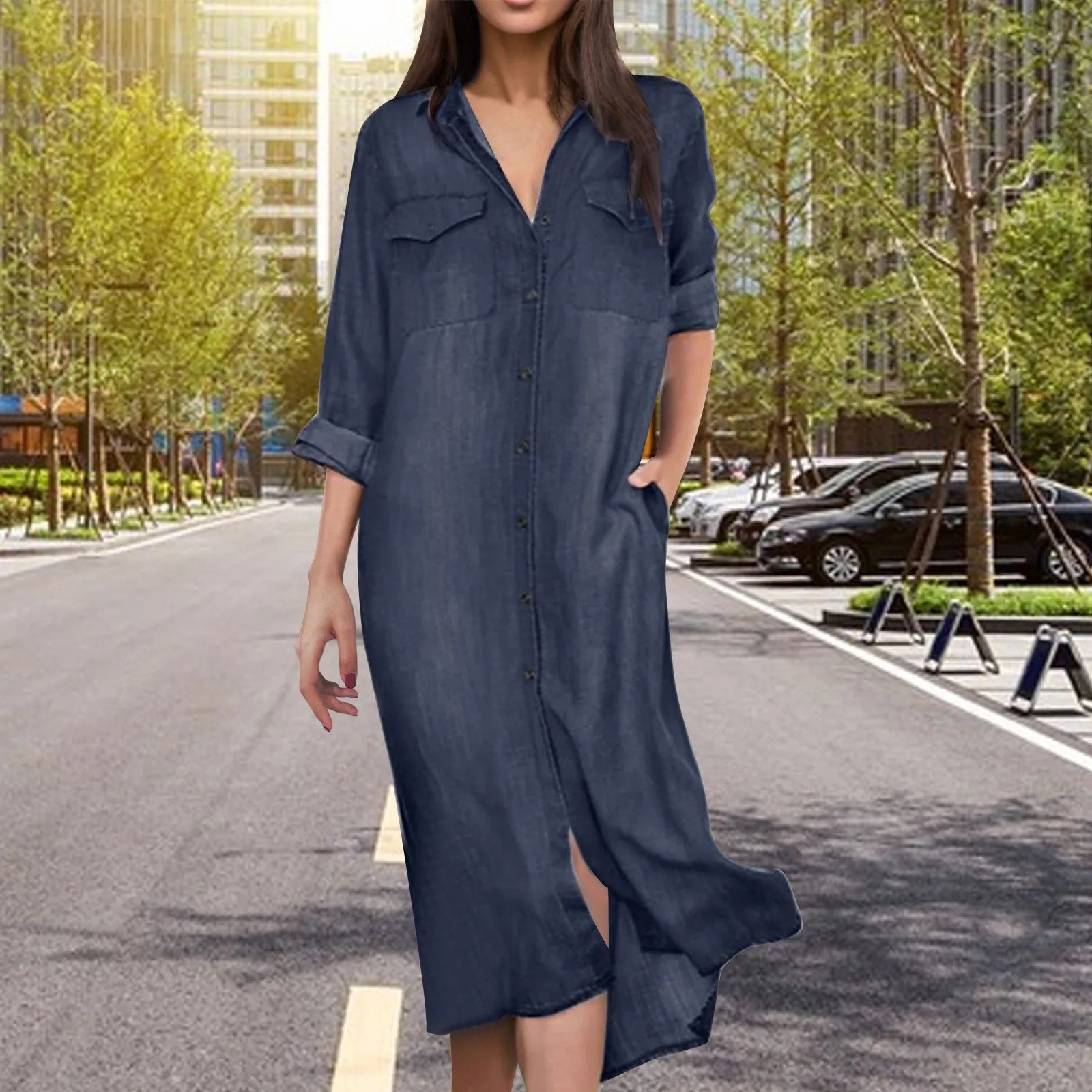 Long Sleeve Button Front Chest Pocket Denim Maxi Shirt Dress
