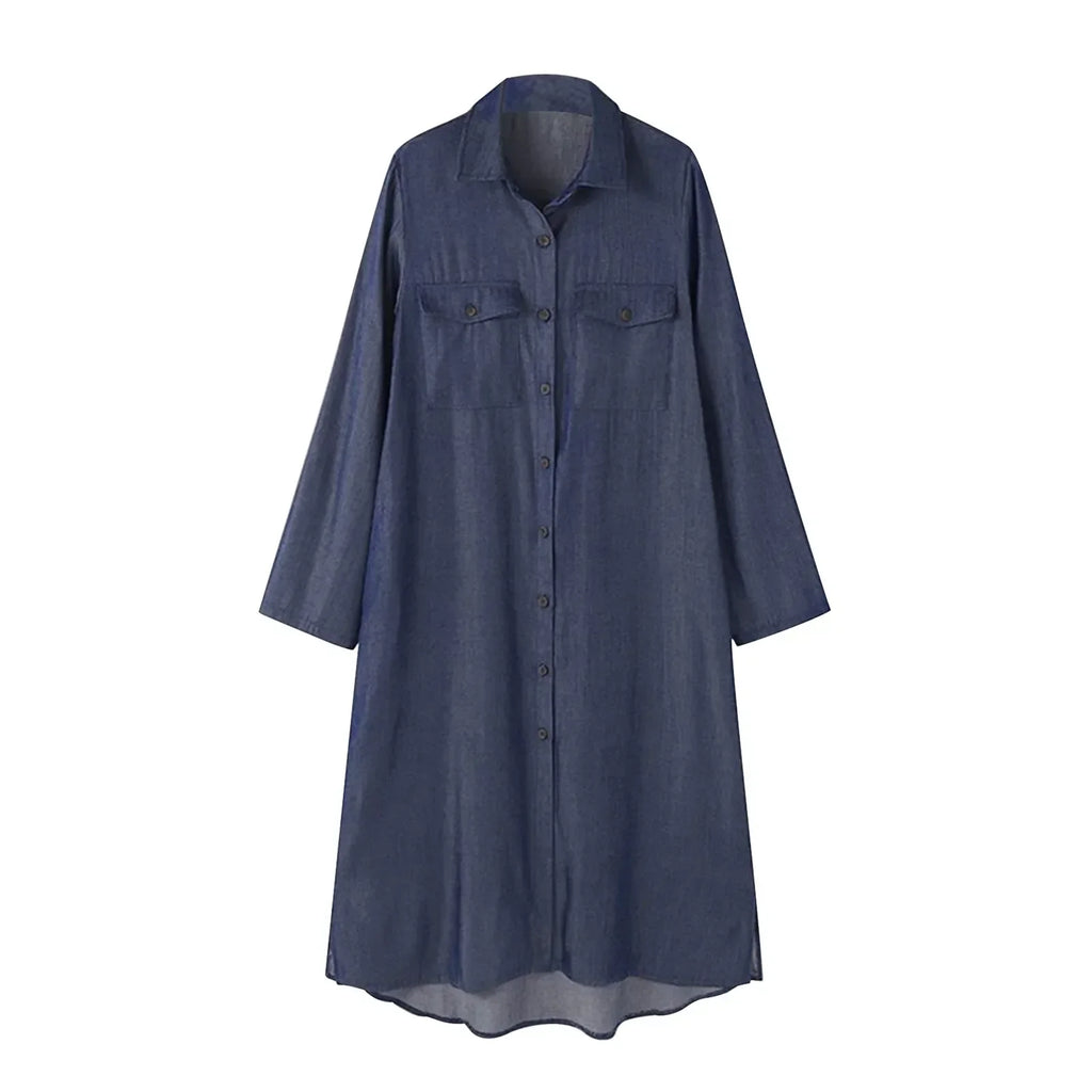 Long Sleeve Button Front Chest Pocket Denim Maxi Shirt Dress