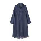 Long Sleeve Button Front Chest Pocket Denim Maxi Shirt Dress