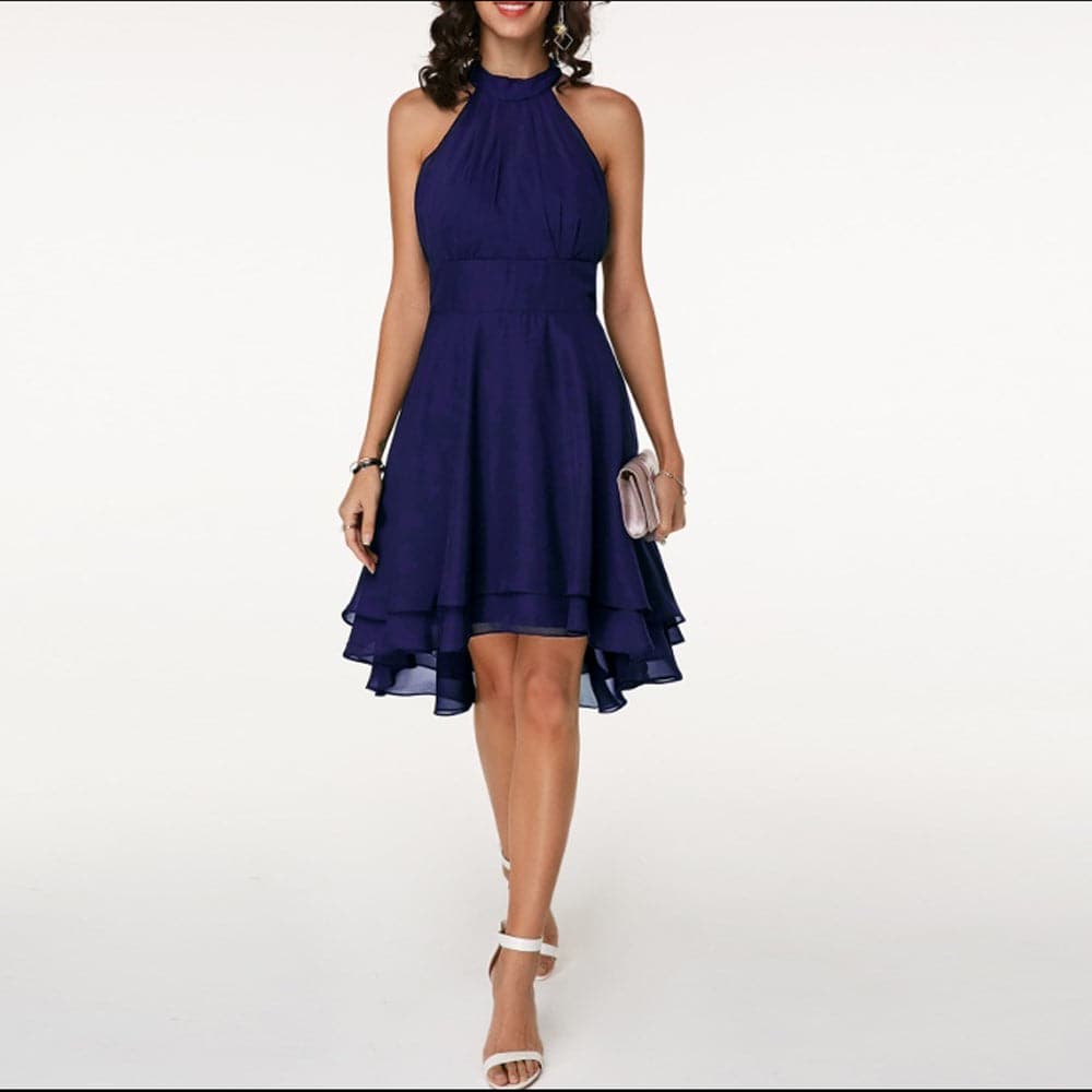 Halter Neck Tiered High Low Chiffon Fit and Flare Midi Dress