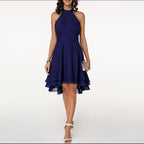 Halter Neck Tiered High Low Chiffon Fit and Flare Midi Dress
