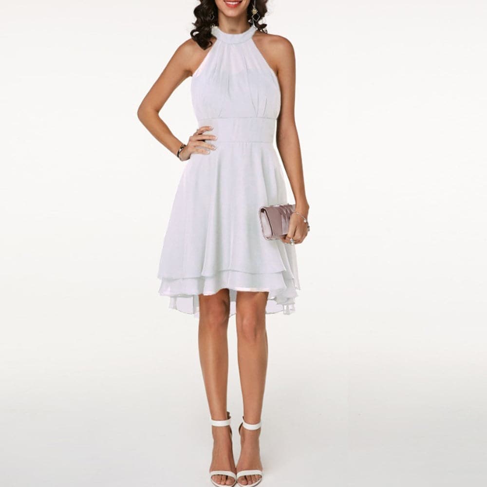 Halter Neck Tiered High Low Chiffon Fit and Flare Midi Dress