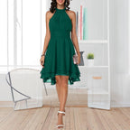 Halter Neck Tiered High Low Chiffon Fit and Flare Midi Dress