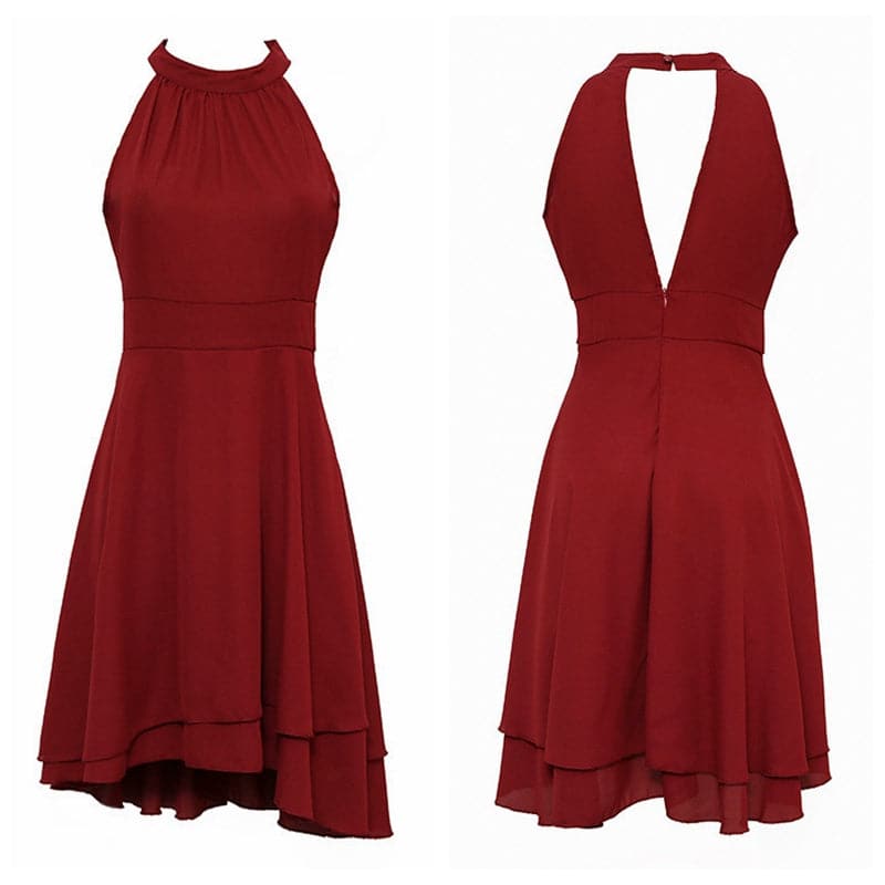 Halter Neck Tiered High Low Chiffon Fit and Flare Midi Dress