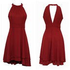 Halter Neck Tiered High Low Chiffon Fit and Flare Midi Dress