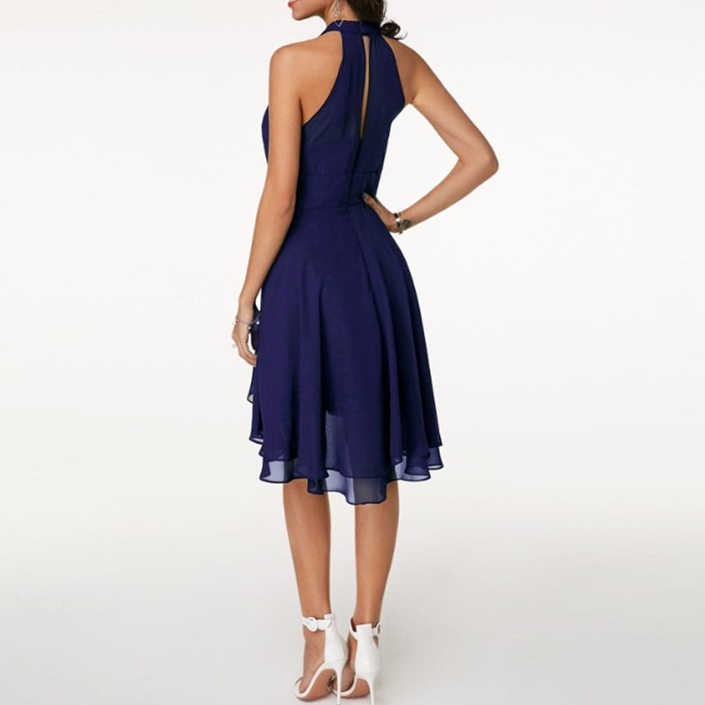 Halter Neck Tiered High Low Chiffon Fit and Flare Midi Dress