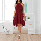 Halter Neck Tiered High Low Chiffon Fit and Flare Midi Dress