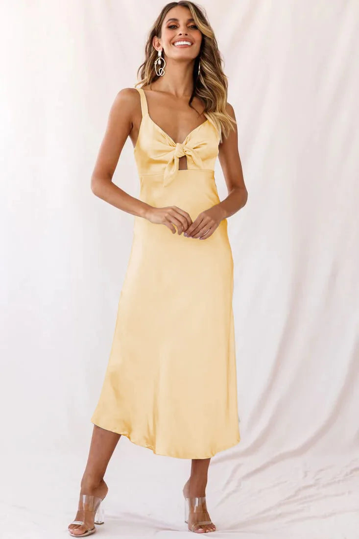 Satin Tie-Front Bow Cutout Spaghetti Strap Midi Slip Dress