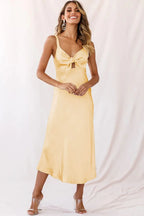 Satin Tie-Front Bow Cutout Spaghetti Strap Midi Slip Dress